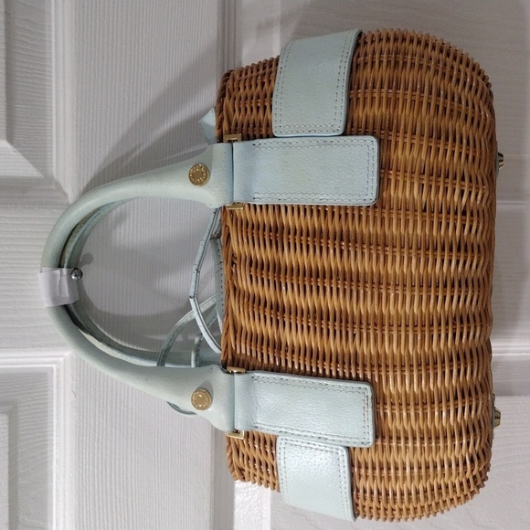 Samantha Thavasa Yellow Straw and Blue Leather Rattan Bag, Drawstring Handbag - Picture 6 of 14